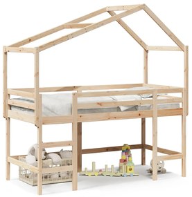 Letto soppalco con scala e tetto 80x200 cm legno massello pino