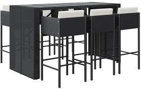 Set bar da giardino 7 pz con cuscini in polyrattan nero