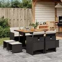 Set da Pranzo da Giardino 9 pz con Cuscini Nero in Polyrattan 3277730