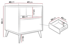 Comodino OVESSI 52x47 cm nero/quercia artisan