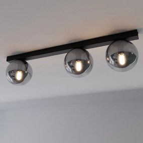 Plafoniera Moderna 3 Luci Giapeto Barra In Acciaio Nero E Sfere Di Vetro Fumè