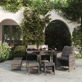 Set da pranzo per giardino 9 pz con cuscini polyrattan grigio