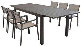 DEXTER - set tavolo in alluminio e teak cm 160/240 x 90 x 75 h con 6 poltrone Aulus