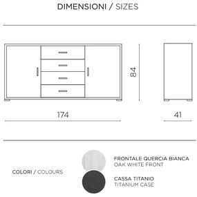 Madia con 2 ante e 4 cassetti centrali 174 cm in melaminico Quercia Bianco - VALE