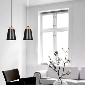 Sospensione 1 Luce Lancillotto A Cono In Acciaio Nero E Legno Naturale