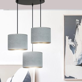 Lampadario Tondo 3 Luci Ganesha In Acciaio Nero E Paralumi In Tessuto Grigio