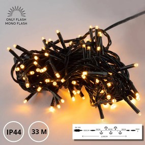 Catenaria Natalizia LED 33m MONOFLASH Cavo VERDE IP44 Colore Bianco Caldo 2600 °K