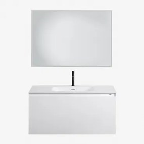 Set Mobili Da Bagno In Legno Macrae Con Lavabo Integrato Bianco & Rectangular Led Y Antivaho (100x70) Tasmin & Nero ↑20 Cm Con Valvola - Sklum