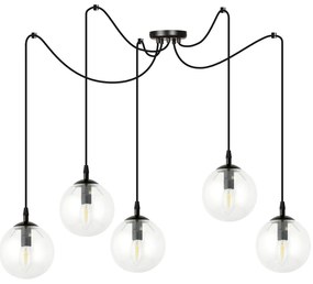 Lampadario 5 Luci Ginevra In Acciaio Nero Con Cavo Lungo E Vetri Trasparente