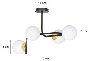 Lampadario 4 Luci Kalf Acciaio Nero A Bracci Curvi E Sfere Vetro Opalino E Oro