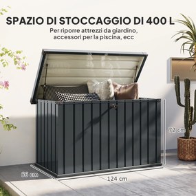 Baule Cassapanca da Esterno 124x66x72 cm da 400L in Acciaio Zincato con Serratura e 2 Chiavi Grigio Scuro...