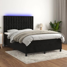 Letto a molle con materasso e led nero 140x200 cm in velluto