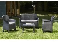 Salottino da esterno Ostuni, Set da giardino con 2 poltrone, 1 divano ed 1 tavolino, Salottino effetto rattan con cuscini, 100% Made in Italy, Antracite