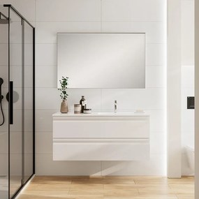 Mobile Pull L120 H55 P45 bianco opaco laccato 2 cassetti a chiusura ammortizzata e lavabo in ceramica vasca DX, piedini non inclusi