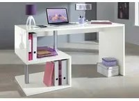 Scrivania moderna ad Esse per ufficio e studio con scaffale, Made in Italy, Tavolo da computer, Scrittoio porta PC, cm 140x60h78, Bianco lucido