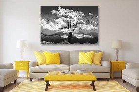 Quadro su tela – Albero in bianco e nero immerso nelle nuvole