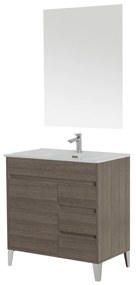Mobile Bagno a Terra 82 Cm Un'Anta Tre Cassettini Specchio Feridras "Mondo 2.0" Rovere Scuro