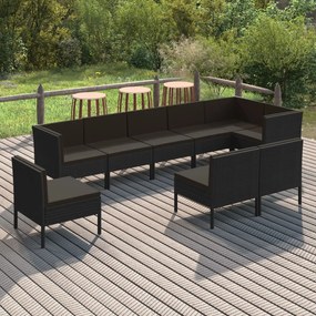 Set divani da giardino 9 pz con cuscini in polyrattan nero