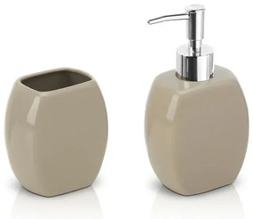Set accessori bagno da appoggio dispenser e porta spazzolini in ceramica tortora
