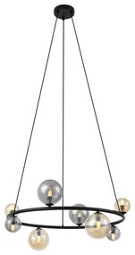 Lampada a sospensione nera con vetro fumé e ambrato rotonda a 8 luci - Monaco