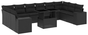 Set divani da giardino 11 pz con cuscini in polyrattan nero