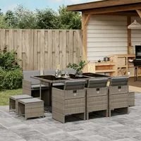 Set da Pranzo da Giardino 11pz con Cuscini in Polyrattan Grigio 3277735