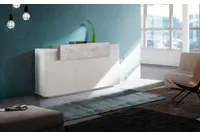 Credenza moderna a 4 ante con ribalta, Made in Italy, Madia da cucina, Buffet di design da soggiorno, cm 160x45h86, Bianco lucido e Cemento