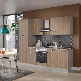 Cucina montata Dora rovere chiaro, lavello a destra, L 255 cm, completa di: cappa a camino, piano cottura a gas, forno, frigorifero