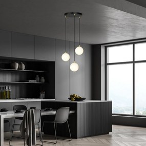 Sospensione Contemporanea Nuada 3 Luci In Acciaio Nero/Oro Sfere Vetro Bianco