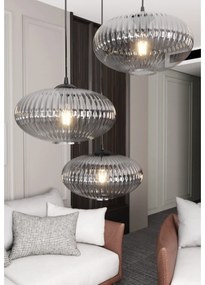 Lampadario 3 Luci Iris Base Tonda In Acciaio Nero Paralume Plissettato Fumè