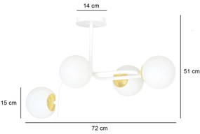 Lampadario 4 Luci Kalf Acciaio Bianco A Bracci Curvi E Sfere Vetro Opalino E Oro