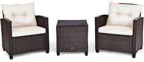 Costway Set di 3 mobili da patio con 4 cuscini rimovibili, Set di 2 sedie e 1 tavolino in rattan con piano in vetro 3 Colori