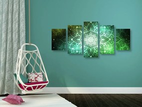 Quadri 5 pezzi – Mandala con sfondo galattico in tonalità di verde