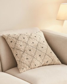 Kave Home - Fodera per cuscino Zita 100% cotone con pelo beige a rombi e pois blu 50 x 50 cm
