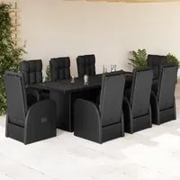 Set da Pranzo da Giardino 9 pz con Cuscini Nero in Polyrattan 3277641