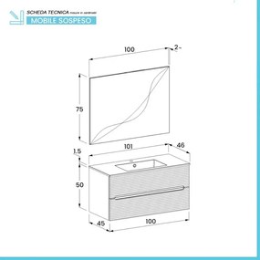 Mobile bagno sospeso 100 bianco cannettato 2 cassetti lavabo e specchio Rigo