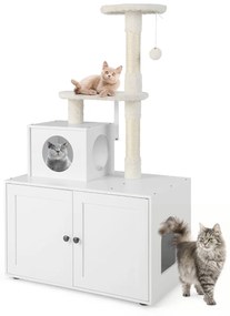 Costway Casa per lettiera per gatti in legno con torre pallina tintinnante divisorio, Mobile per gatti da interno 2 Colori