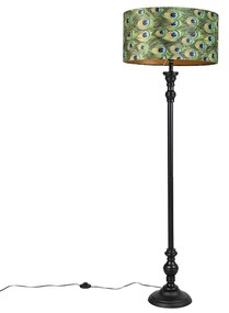 Lampada da terra nera con paralume in velluto pavone oro 50 cm - Classico