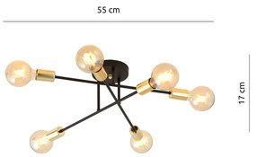 Plafoniera Industriale 6 Luci Veken In Acciao Nero E Rame Bracci Dritti