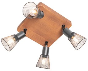 Faretto industriale nero con legno 4 luci - Kristina