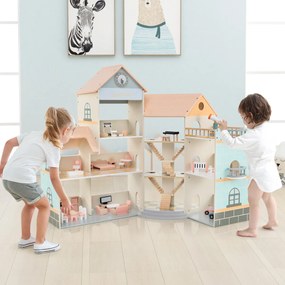 Costway Casa delle bambole con tetto rosa/arancione con 41 mobili e accessori, Casetta delle bambole ad angolo in legno 2 Colori