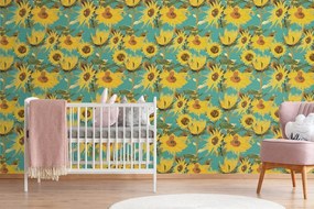 Carta da parati – Girasoli su sfondo blu