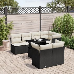 Set divani da giardino con cuscini 8 pz nero in polyrattan