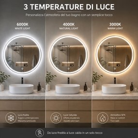 Specchio Rotondo Ø60cm LED a 3 Colori Dimmerabile Accensione Touch...