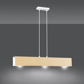 Lampadario 3 Luci Carlo In Acciaio Bianco Corpo Rettangolare E Legno Naturale