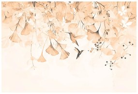 Carta da parati – Foglie con Colibrì in Tonalità Peach Fuzz