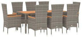 Set da pranzo da giardino 9 pz con cuscini in polyrattan grigio