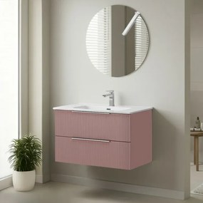 Mobile bagno sospeso 80 cm rosa cannettato con lavabo e specchio tondo Zena