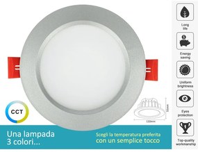 Lampada Faretto Led Da Incasso 10W CCT Dimmerabile Carcassa Grigio Argento 2700K 4000K 6000K 3 In 1 Diametro 110mm