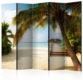 Paravento design Spiaggia Paradisiaca II - Isola tropicale con palme sull'oceano